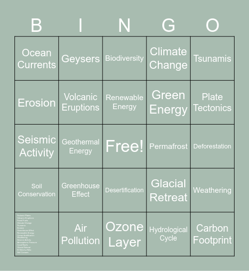 Earth Science Bingo Card