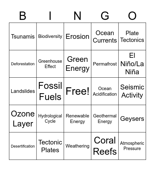 Earth Science Bingo Card