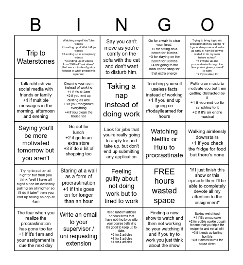 Procrastination Bingo Card
