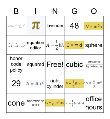 Formula Bingo Card