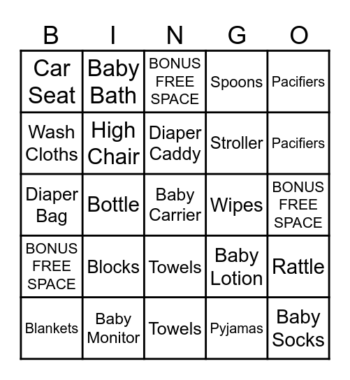 Baby Shower Bingo Card