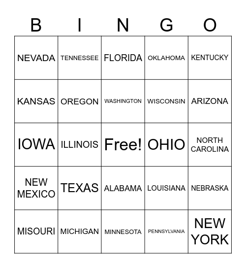 COVER THE STATES BINGO Card
