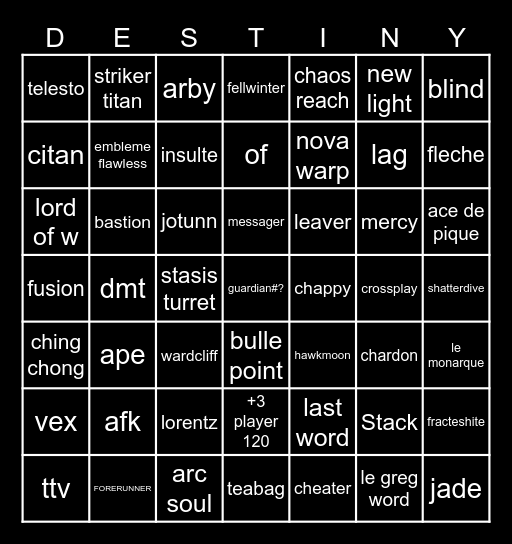 destiny 2 pvp Bingo Card