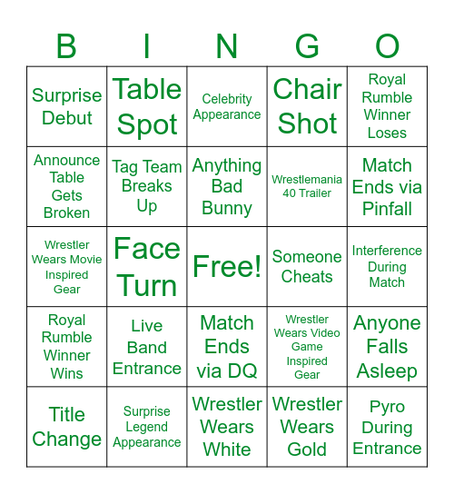 Wrestlemania Bingo Card