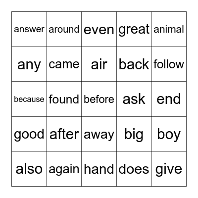 Sight Words Bingo Card