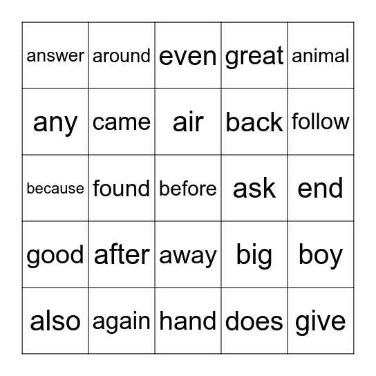 Sight Words Bingo Card