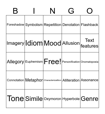Figurative Language Bingo Card