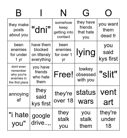 Enemy bingo Card