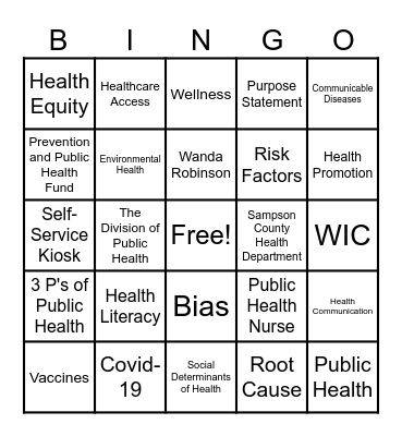 SCHD Public Health Bingo Card