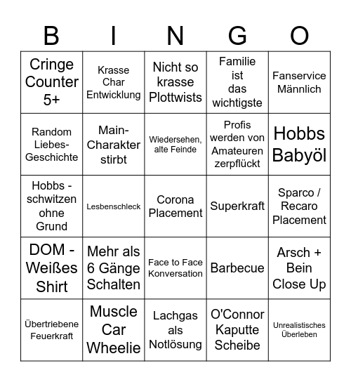 Fast and Furious 7 Bingo Card