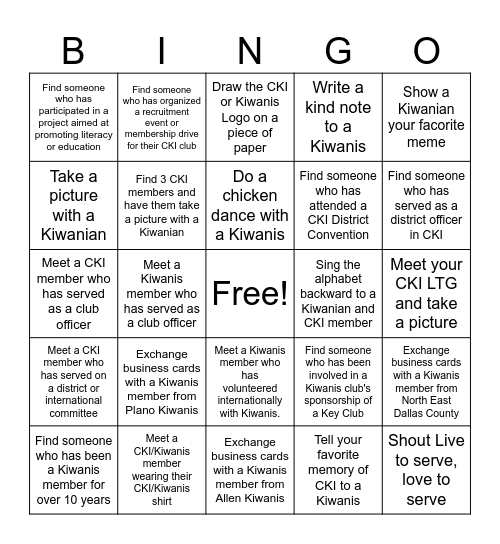 Kiwanis Networking Night Bingo Card