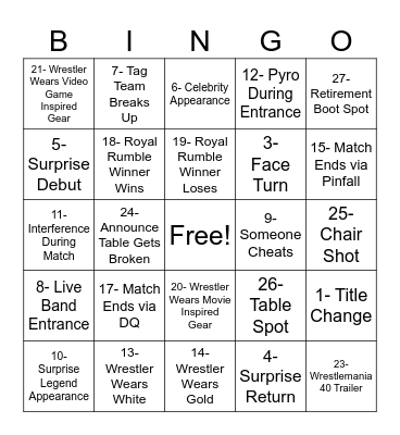 Wrestlemania Bingo Card