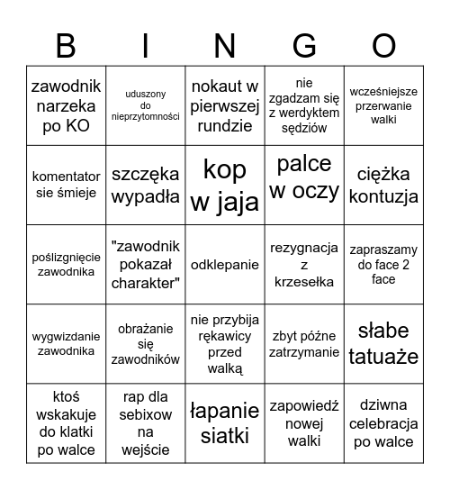 gala mma Bingo Card