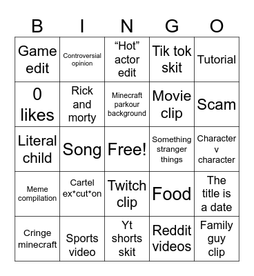 YouTube shorts Bingo Card