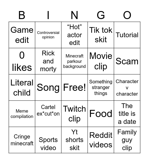 YouTube shorts Bingo Card