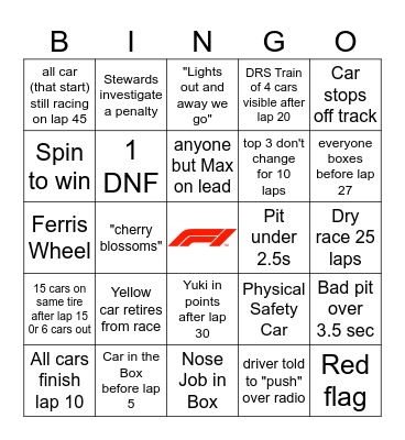 Japan GP 2024 Bingo Card