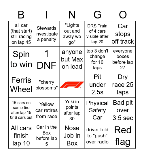 Japan GP 2024 Bingo Card