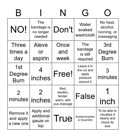 First Aid Bingo Card