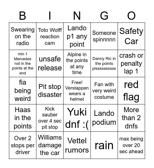 Suzuka 2024 Race Bingo Card