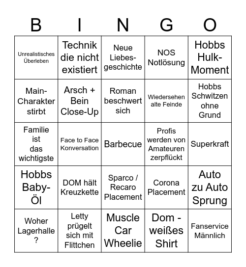 Fast and Furious 8 Bingo Card