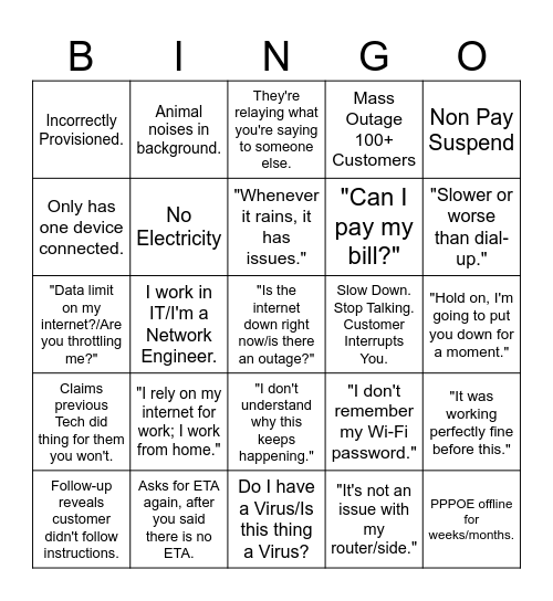 Tech Support Bingo Card