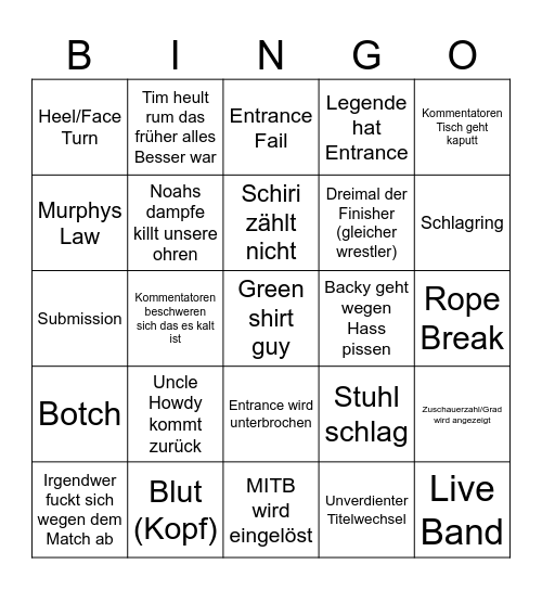 Wrestlemania Bingo Card