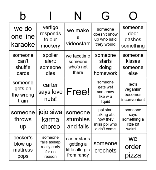 sit and spingo Bingo Card