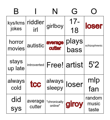 AVERAGEDEATH Bingo Card