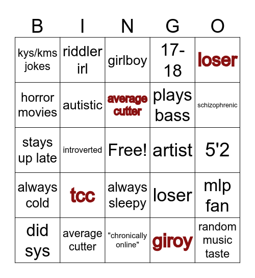 AVERAGEDEATH Bingo Card
