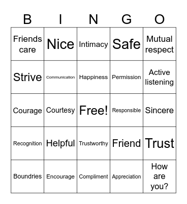 Healthy Friendships & Relationships Bingo Card