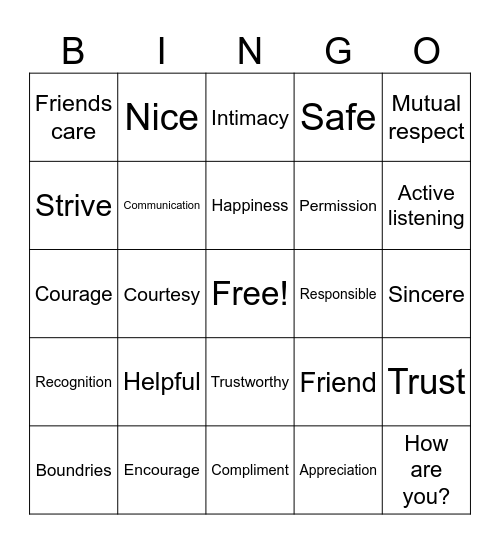 Healthy Friendships & Relationships Bingo Card