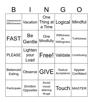 DBT SKILLS Bingo Card