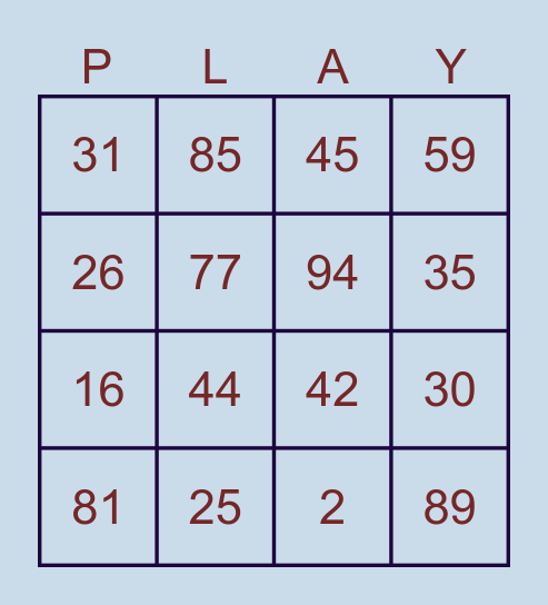 Number Fun Bingo Card