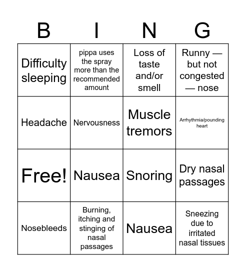 Pippa's Afrin side effect bingo Card