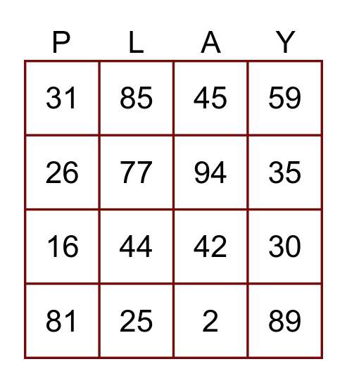 Number Fun Bingo Card