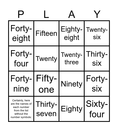 Number Fun Bingo Card