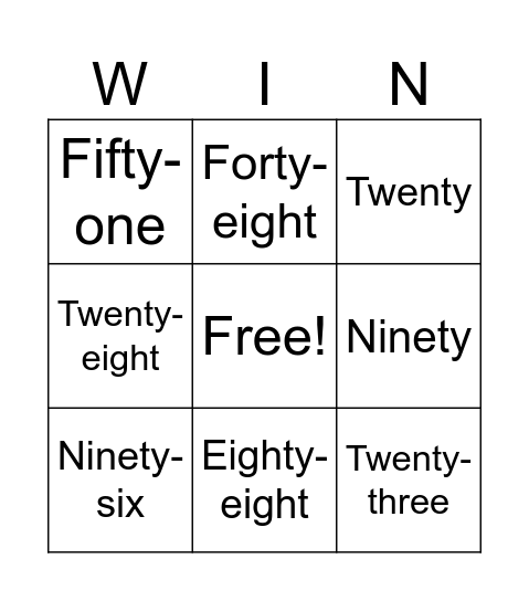 Number Fun Bingo Card