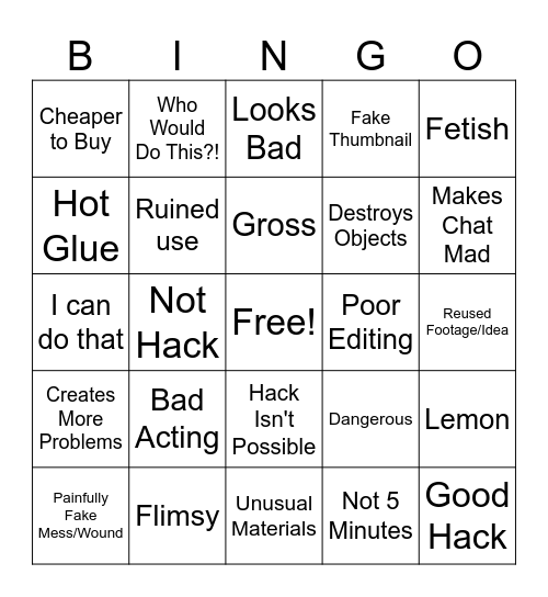 Life Hack Bingo Card