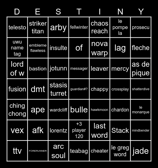 destiny 2 pvp Bingo Card