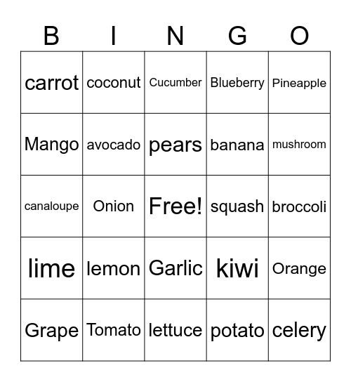 Fruit and Vegetable Bingo! Bingo Card