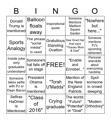 YU Graduation 2016 Bingo Card