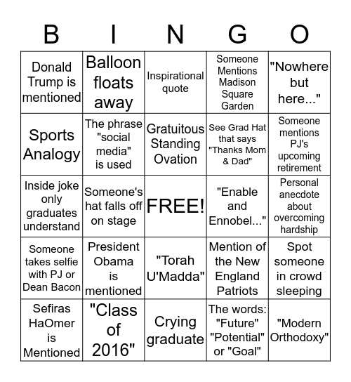 YU Graduation 2016 Bingo Card