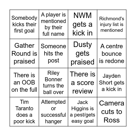 Super Sunday Bingo - STK v RIC Bingo Card