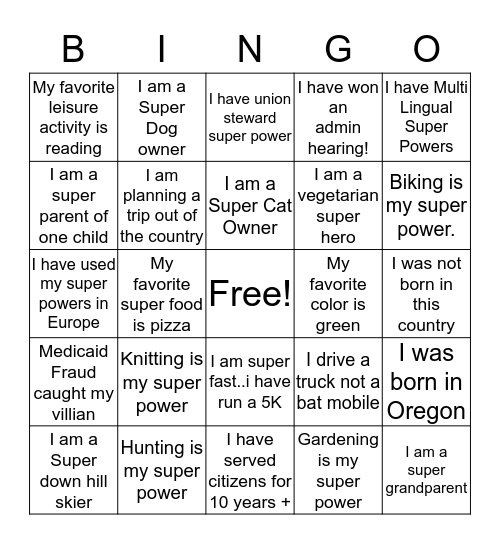 Super Hero Bingo Card