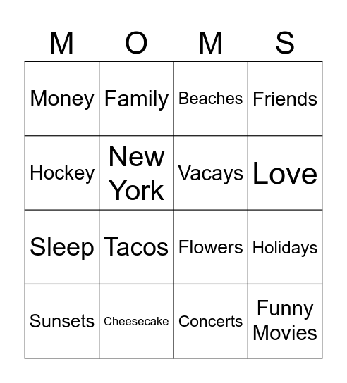 Mom bingo Card