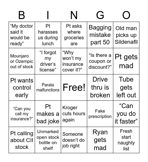 Pharmacy Bingo Card