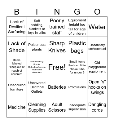 Child Care Safety Hazards Bingo Card