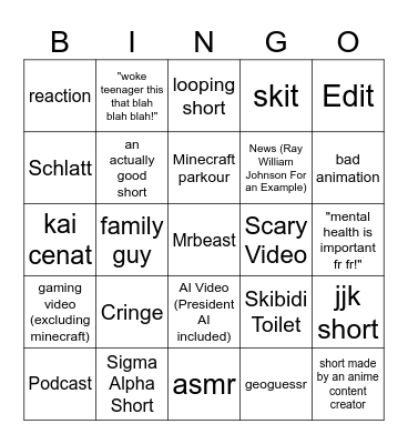 Youtube Shorts Bingo Card