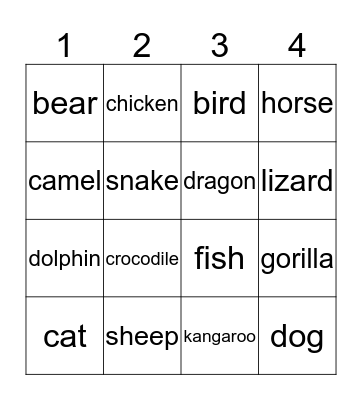 Animals Bingo Card