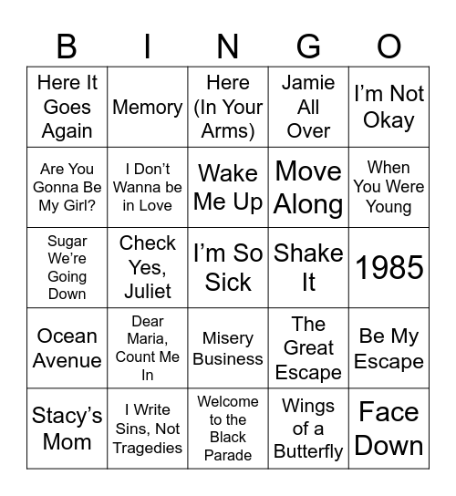 Emo Night Bingo Card